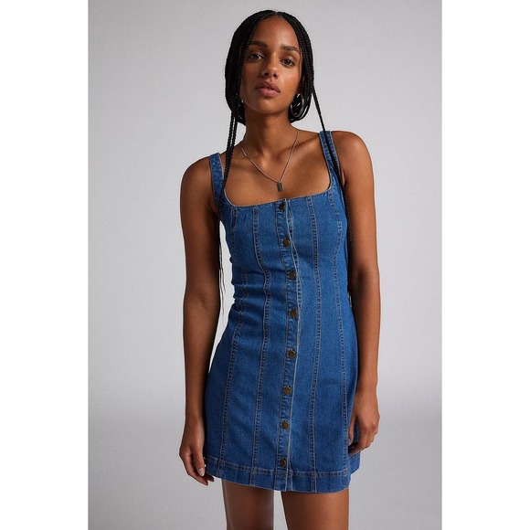 BDG Dresses & Skirts - BDG Riley Denim Mini Dress Womens Small Blue Button Front Square Neck Y2K 90s